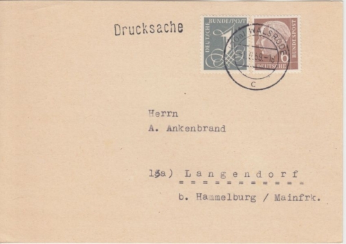 BRD - 6+1 Pfg. Heuss/Ziffer Drucksachenkarte Walsrode - Langendorf 1959