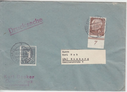 BRD - 6+1 Pfg. Heuss/Ziffer Drucksachenbrief Osterode - Bamberg 1956