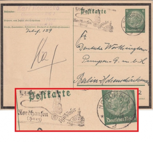 DR - Brocken Nordhausen Kyffhäuser Masch.werbstempel 6 Pfg Trauer-Ganzsache 1934
