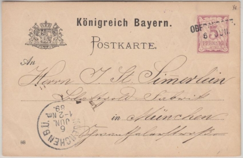 Bayern - Oberaudorf 6 Jun Aushilfs-L2 5 Pfg. Ganzsache n. München