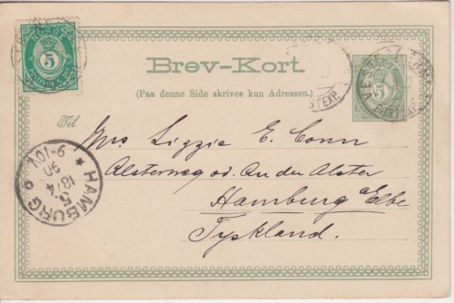 Norwegen - Vestbanern Post Exp. Bahnpost 5 Ö. Ganzsache + Zusatz 1890 n. Hamburg