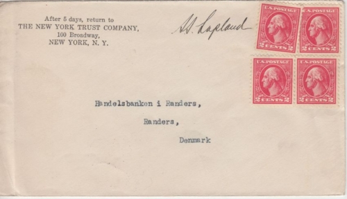 USA - 4x2 C. Washington hds. "SS Lapland" (Red Star Line) Brief n. DÄNEMARK 1921