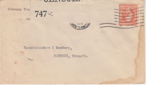 USA - 6 C Washington Perfin GT Zensurbrief n. Dänemark New York - Randers 1917.