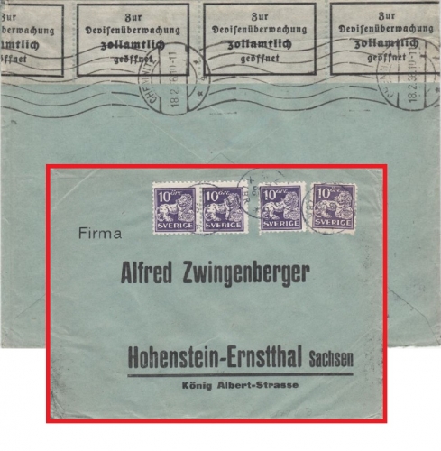 Schweden - 4x10 Ö. Löwe Zensurbrief Stockholm - Hohenstein-Ernstthal 1936