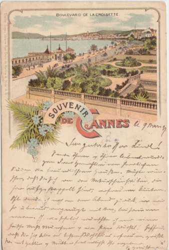 Frankreich - Cannes 1897 Souvenir de... Farblitho gelaufen