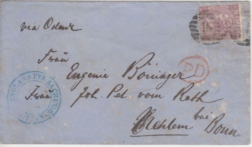 England - 6 P. Victoria Ausg. 1865 Brief London - Bonn 1867 Transit Aachen