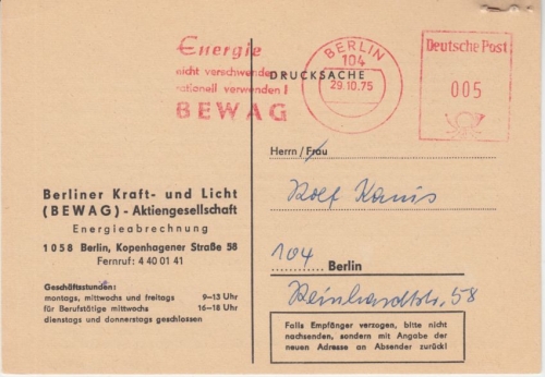 DDR - Berlin 1975 5 Pfg. AFS BEWAG Energie Drucksache Ortskarte