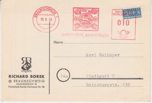 BRD - Braunschweig 1953 10 Pfg. AFS Borek + Nothilfe Karte n. Stuttgart