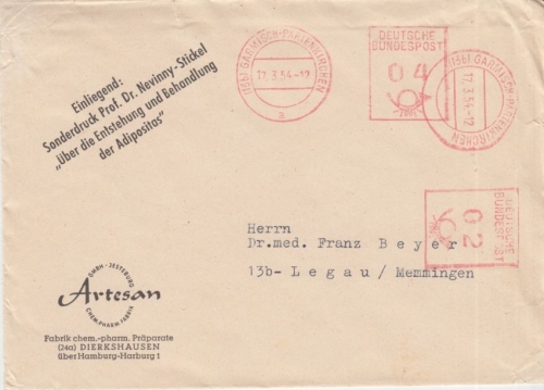 BRD - 2+4 Pfg. Postfreistempel Drucksache Garmisch-Partenkirchen 1954