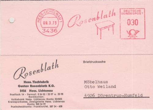 BRD - Hess.-Lichtenau 1973 30 Pfg. AFS RosenblathTische Karte n. Dörentrup