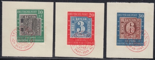BRD - 100 J dt. Briefmarke Satz 3 Pracht-Briefstücke roter ESST München 30.SEP49