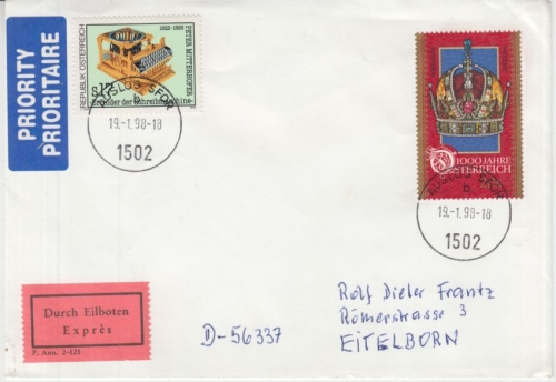 Österreich - Auslog SFOR (Bosnien - Visoko) Luftpost Eilbrief n. Eitelborn 1998