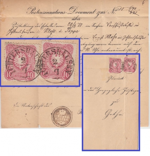 DR - Ichtershausen 2/7 nachverw. Th&T-Stempel Insinuationsdokument n. Gotha 1877
