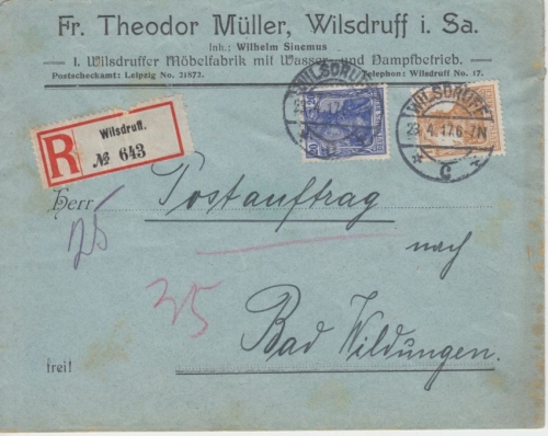 DR - 15+20 Pfg. Germania Postauftrag Einschreibebrief Wilsdruff 1917 n.
