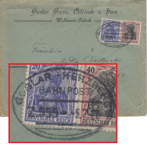 DR - 20+40 Pfg. Germania Bahnpost Goslar - Herzberg Firmenbrief Osterode 1920 n.