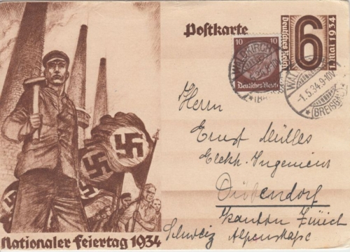 DR - 6 Pfg. 1. Mai Sonderganzsache + Zusatz i.d. SCHWEIZ Waldkirch 1.5.34 n.