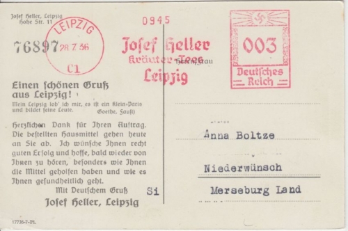 DR - Leipzig 3 Pfg AFS Heller Kräuter-Tees Drucksachenkarte n. Niederwünsch 1936