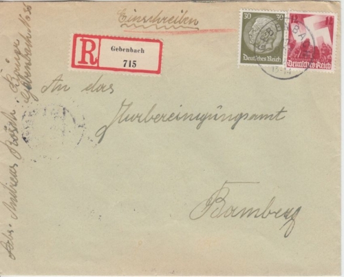 DR - Gebenbach 1936 nachverw. bayer. K1 Einschreibebrief n. Bamberg