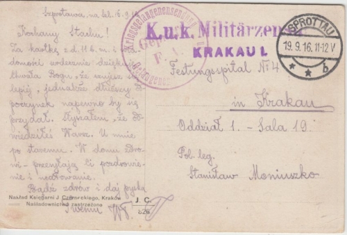 DR - Sprottau 1916 Kriegsgefangenenkarte n. Krakau Zensur-L2 Krakau