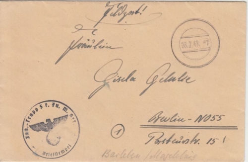 DR - Barleben b. Magdeburg 28.2.45 Tarnstempel Feldpostbrief n. Berlin