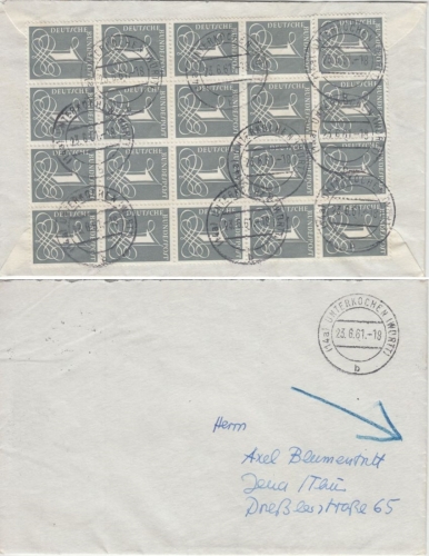 BRD - 1 Pfg. Ziffer Ergänzungswert 20er-Block Brief Unterkochen - Jena 1961