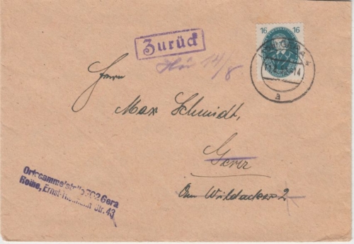 DDR - 16 Pfg. Akademie d. Wissenschaften Ortsbrief Gera 1950 Retourvermerk