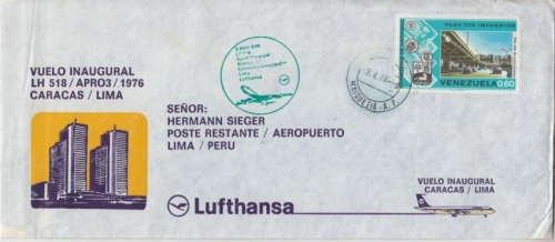 Venezuela - Lufthansa Erstflug Caracas - Lima 1976 Schmuckkuvert