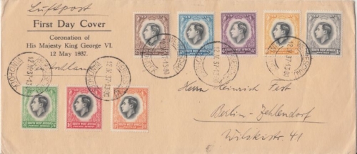 SWA - Coronation King George VI. Satz (8 Werte) FDC Werbeschau Windhoek 1937