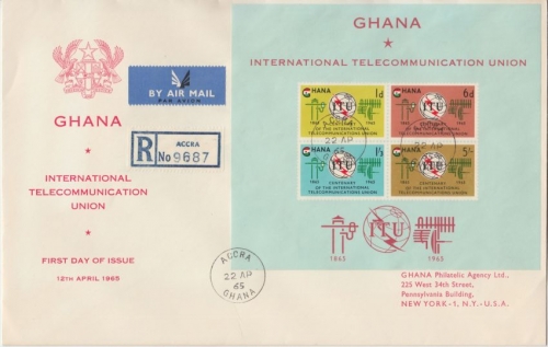 Ghana - Centenary Int. Telecommunication Union ITU Schmuck-FDC EST Accra 22.4.65