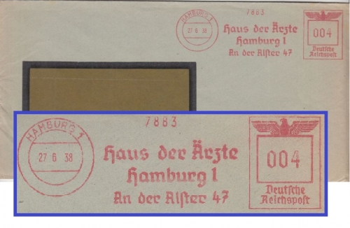 DR - Hamburg 1938 4 Pfg. Absenderfreistempel Haus der Ärzte Drucksache
