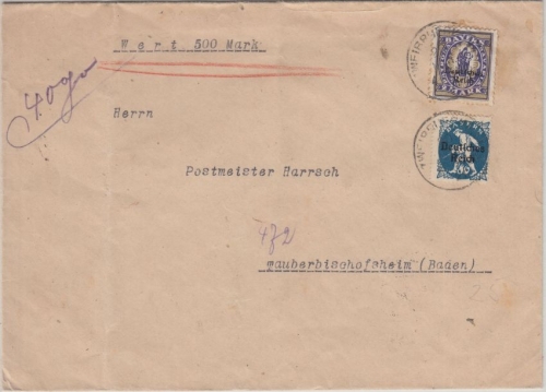 DR-Infla - 2 M.+80 Pfg. By-Abschied/DR Wertbrief Zweibrücken 1921 n.