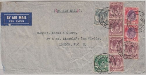 Straits Settlements - 2x25 C. George VI. ua. Luftpostbrief Singaproe London 1940