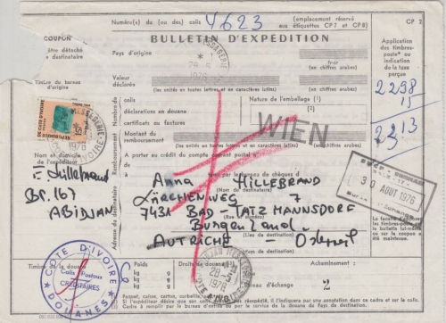 Elfenbeinküste - 15 F. Portomarke Paketkarte n. ÖSTERREICH Abidjan 1976 n.