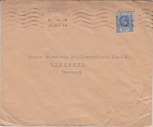 Ceylon - 20 C. Georg V. Brief Colombo - Nürnberg 1930