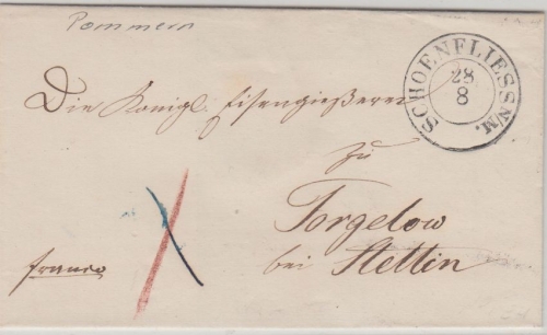 Preussen - Schoenfliess 28/8 K2 Francobrief n. Torgelow b. Stettin ca. 1840/45