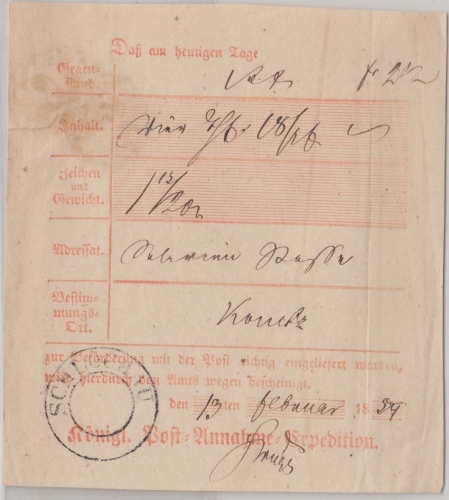 Preussen - Schlochau (13.2.1854) aptierter K2 Aufgabeschein f. Wertbrief