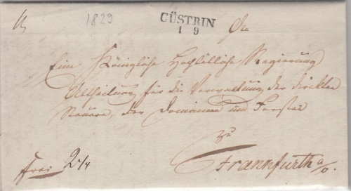 Preussen - Cüstrin 1/9 (1829) L2 Francobrief n. Frankfurt a/O. - mit Inhalt