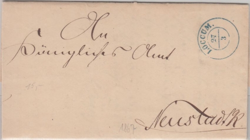 Hannover - Loccum 27/3 (1867) nachv. hann. blauer K2 Dienstbrief n Neustadt a/R.