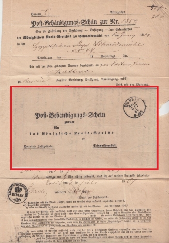 NDP - Berlin H.St.PE. 5.7.69 Postbehändigungsschein n. Schneidemühl