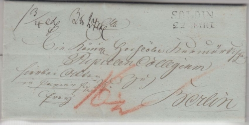 Preussen - Soldin 22/3 (1836) L2 Fahrpostbrief n. Berlin (roter Packkammer !)