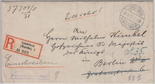 DR - Landsberg (Warthe) 1912 Einschreibebrief Frei d. Ablösung n. Berlin