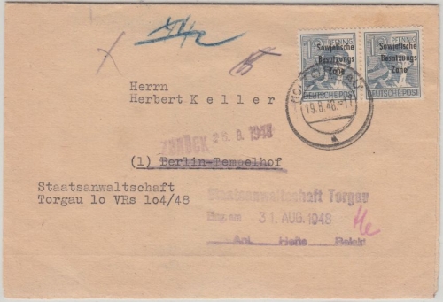 SBZ - 2x12 Pfg. Arbeiter/SBZ Brief Torgau - Berlin 1948 Retourvermerk - Inhalt !