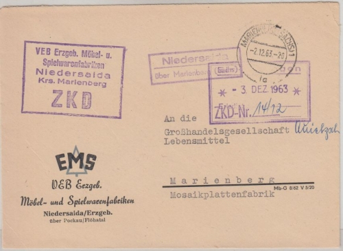 DDR - ZKD EMS Niedersaida ü. Marienberg Landpost-Ra2 Brief n. Marienberg 1963