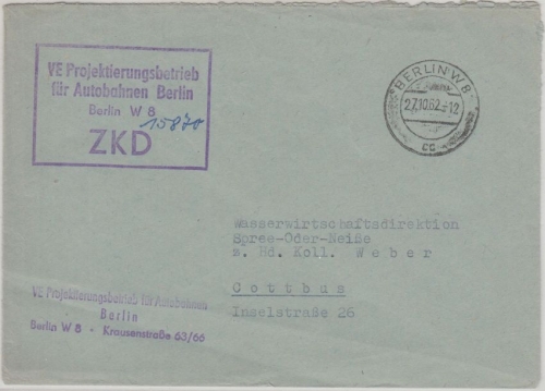 DDR - ZKD VE Projektierungsbetrieb f. Autobahnen Brief Berlin - Cottbus 1962