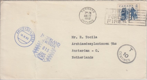 Canada/Niederlande - Toronto 1962 Brief n. Amsterdam 10 C. Nachporto/Freistempel