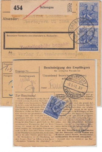 All.Bes./Kontrollrat - 3x50 Pfg Arbeiter Paketkarte Schongau Frankfurt a/M. 1948