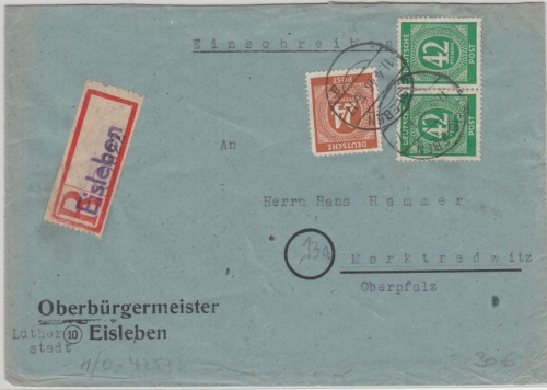All.Bes./Kontrollrat - 42 Pfg. Ziffer waagr. Paar u.a. Einschreibebrief Eisleben