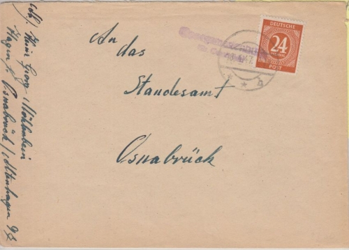 All.Bes./Kontrollrat - Georgsmarienhütte Kr. Osnabrück Aushilfs-L2 Brief 1947