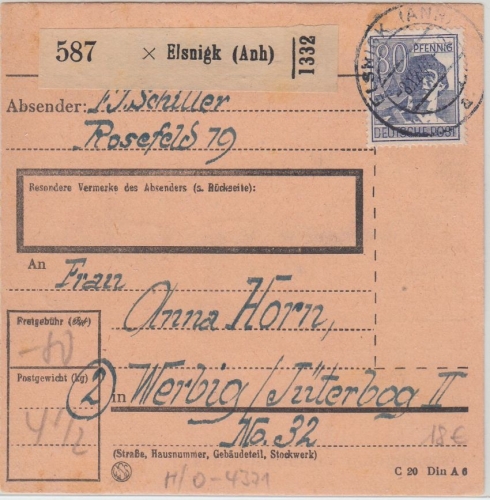 All.Bes./Kontrollrat - 80 Pfg. Arbeiter Paketkarte Elsnigk Werbig/Jüterbog 1947