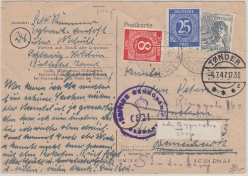All.Bes./Kontrollrat - 25 Pfg. Ziffer u.a. Zensurkarte n. DÄNEMARK Aventoft 1947